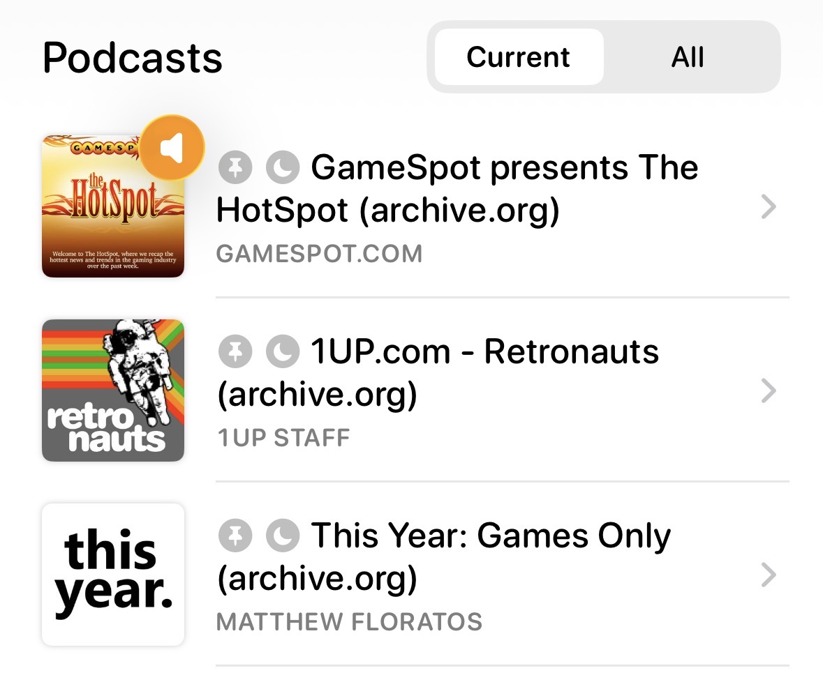A screengrab of a podcast app with these three feeds